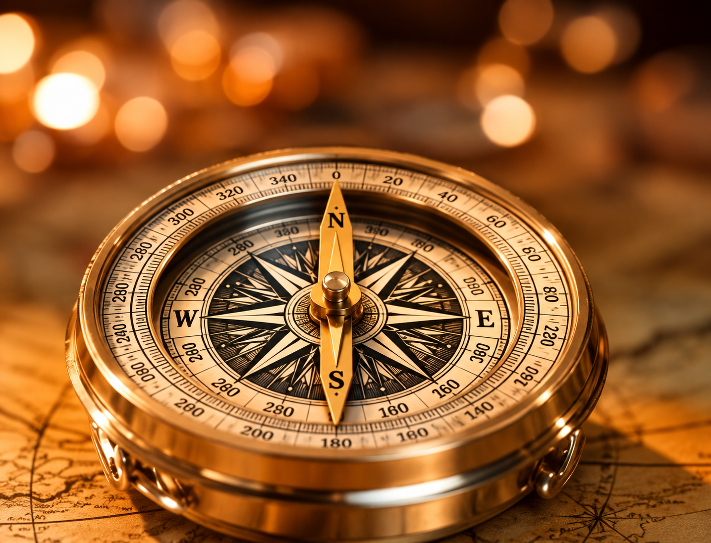 Antique compass and warm golden light
